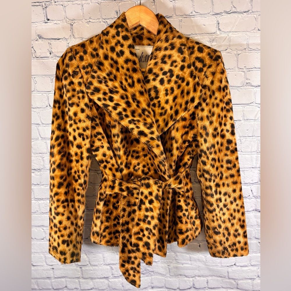 Milly of New York Classic Retro Glam Rockabilly Leopard Faux Fur Wrap Jacket 10
